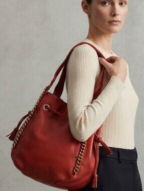 VINTAGE 90s Soprano Red Canadian Leather Drawstring Bucket Bag - Excellent!
